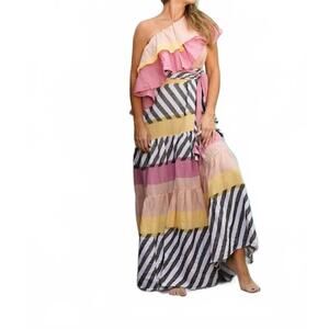 NEW PEARL AND CAVIAR cora ruffled one shoulder maxi dress in multi